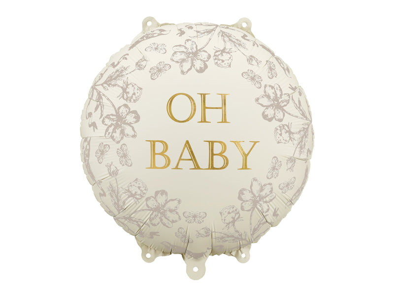 Decorative balloon with 'OH BABY' text and floral patterns