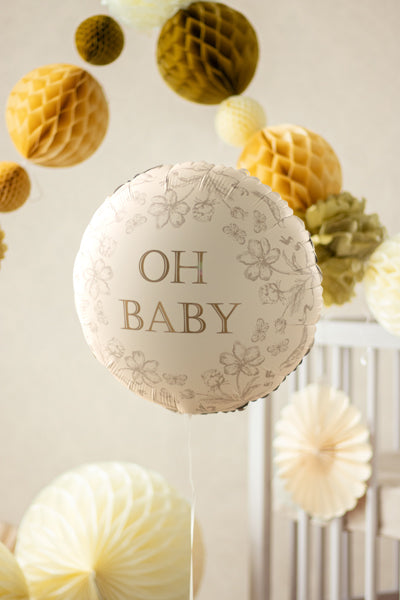 Oh Sweet Baby circle balloon detail showing OH BABY text and floral pattern