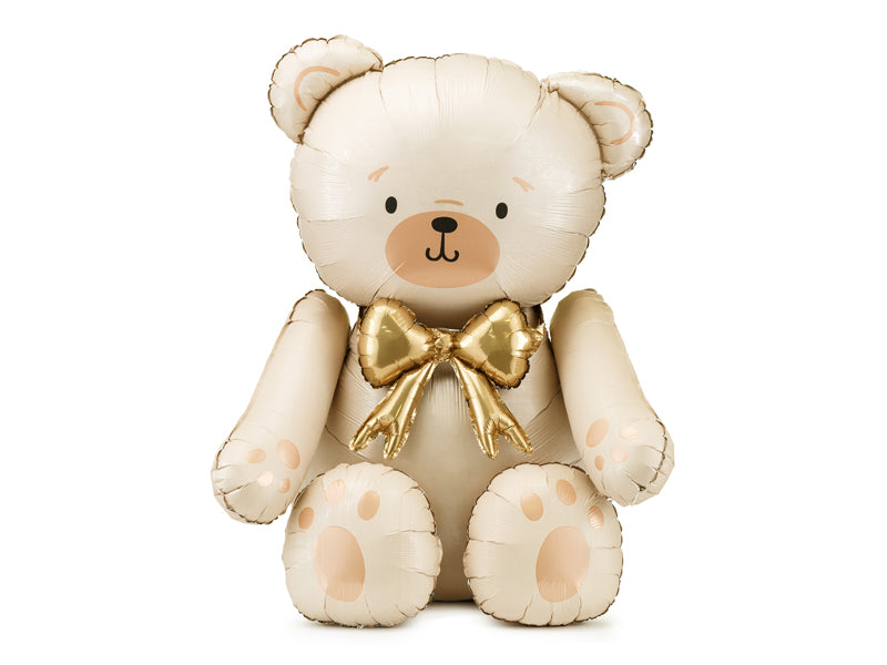 Beige Teddy bear balloon with a gold bow on 