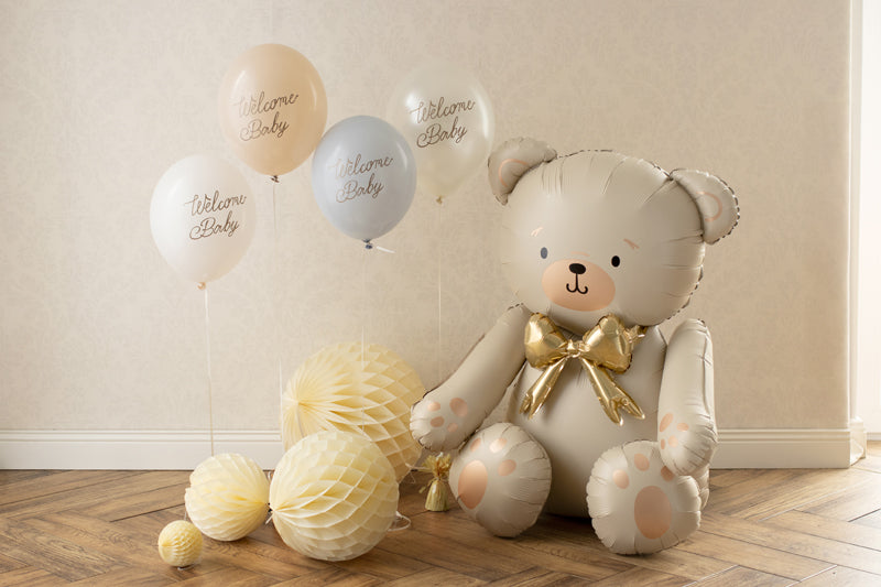Oh Sweet Baby teddy bear balloon detail showing beige bear with gold bow