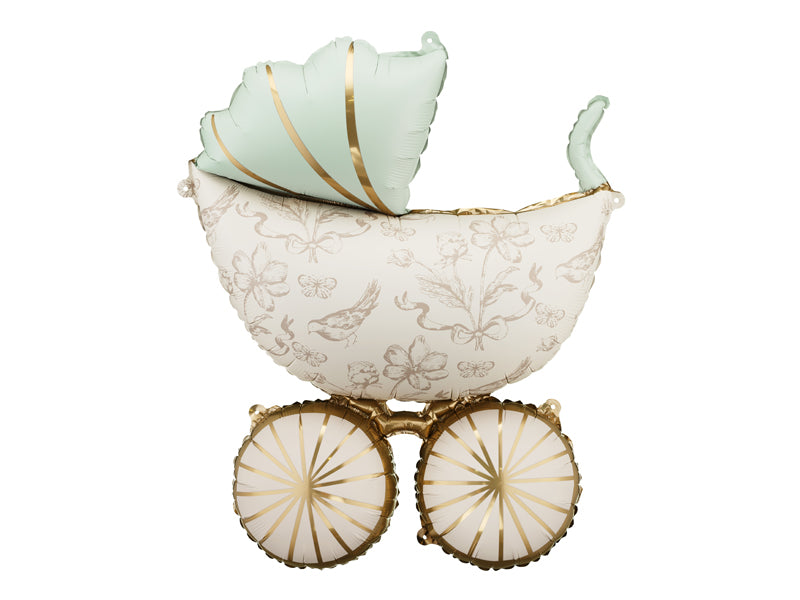 Decorative baby carriage with floral patterns and gold accents 