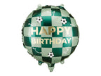 Green checkered balloon with 'Happy Birthday' text and mini football prints