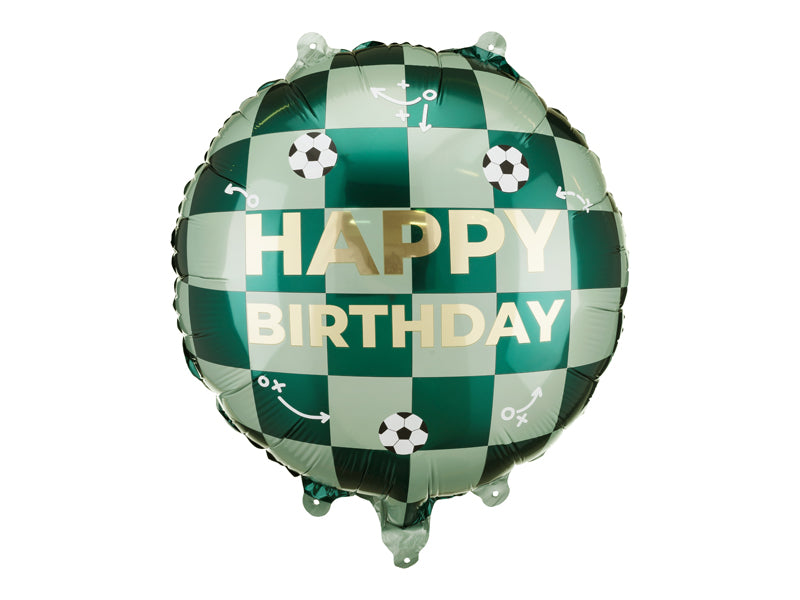 Green checkered balloon with 'Happy Birthday' text and mini football prints