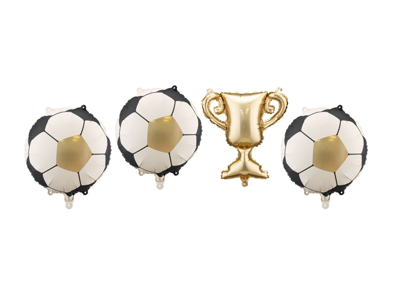 Balloons shaped like Footballs and a gold trophy for balloon garlands