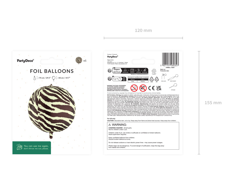 Zebra Print Foil Balloon Globe (1pkt/1pc) - Party Lane