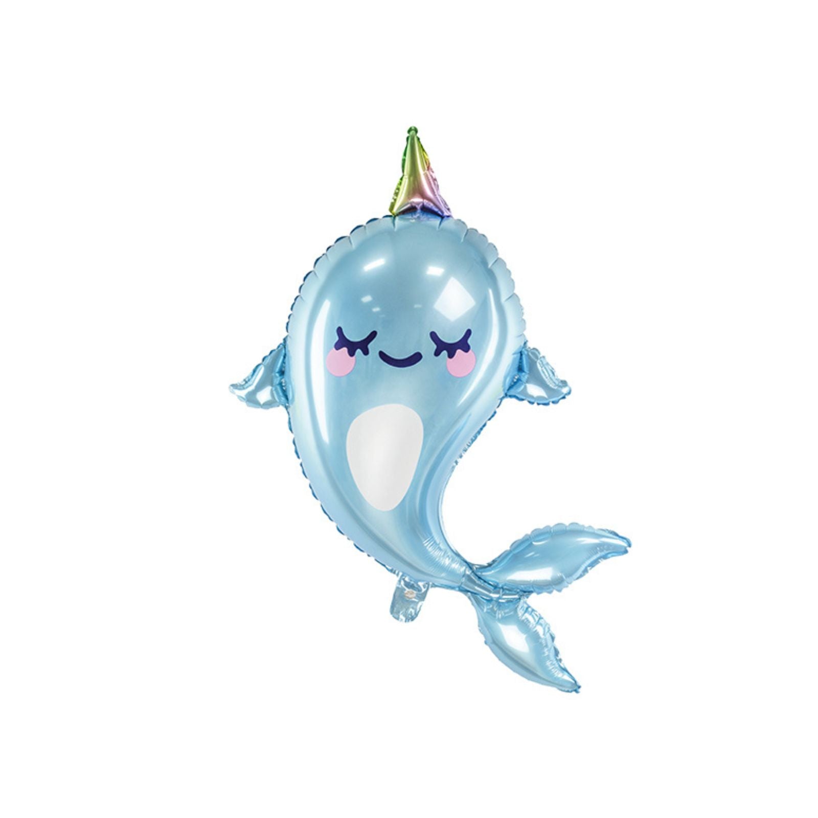 A foil balloon shaped like a cute narwhal, perfect for ocean or arctic-themed decorations.