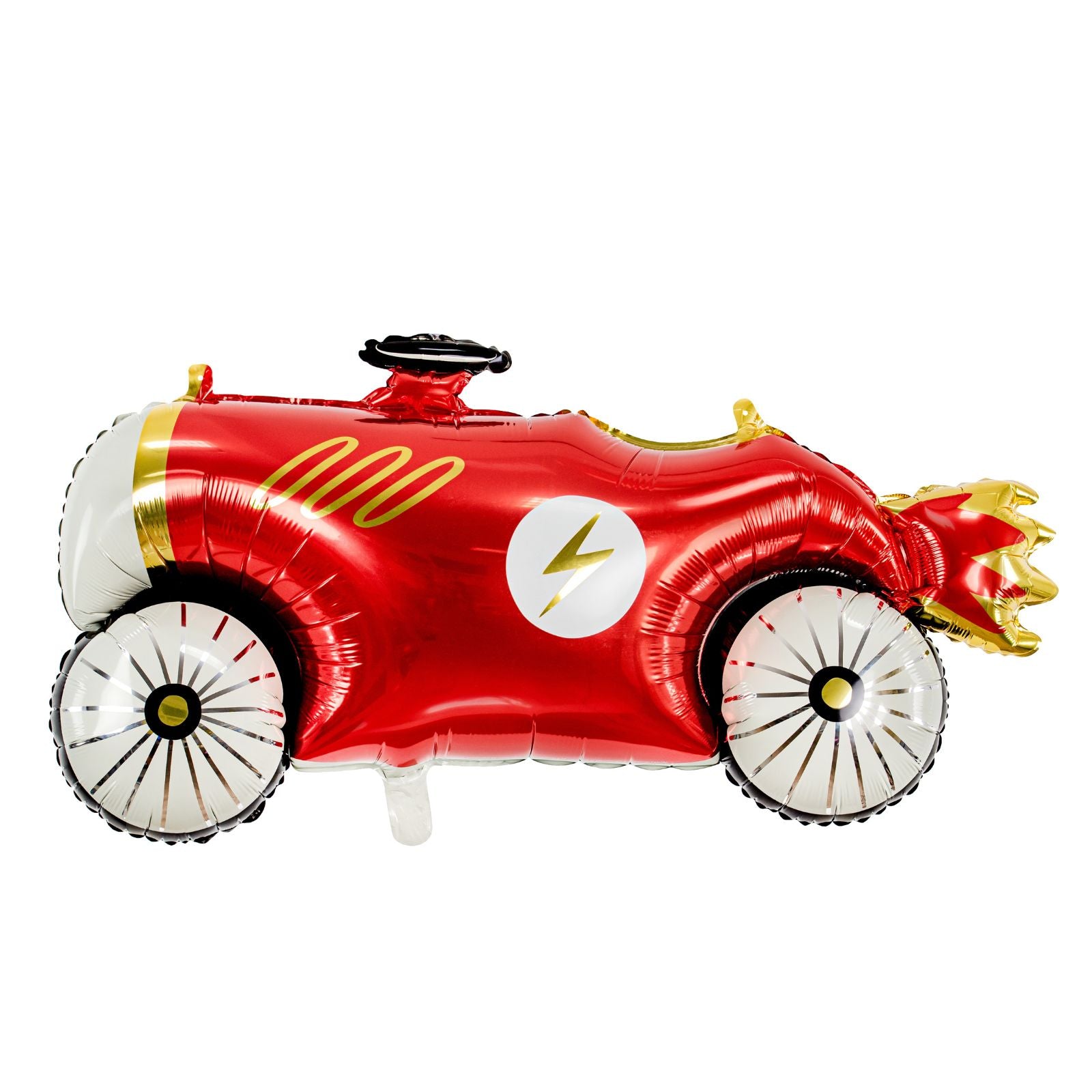 A large foil balloon shaped like a racecar, perfect for setting the scene at a car-themed birthday party.