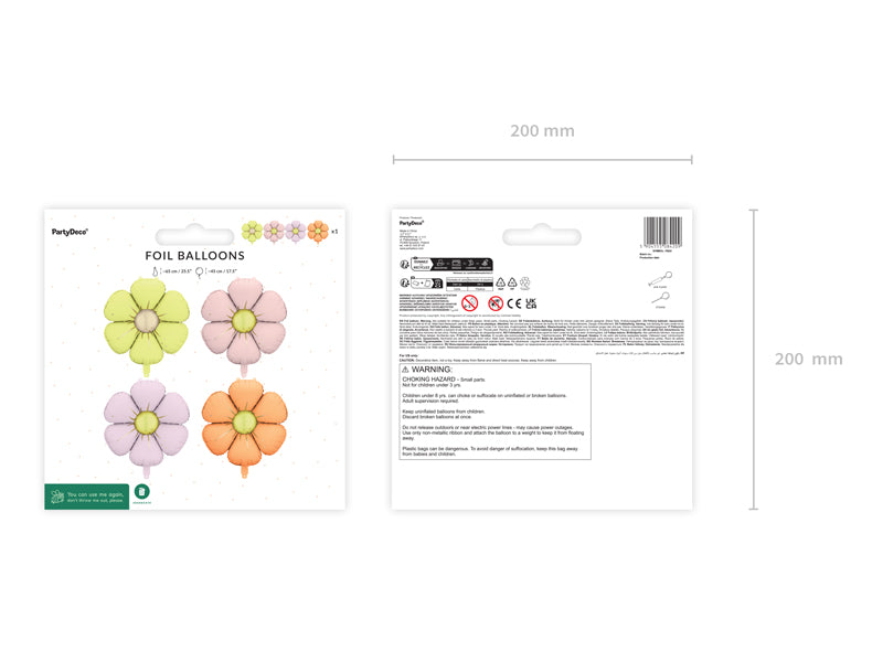 colourful Foil balloons packaging with flower designs on a white background