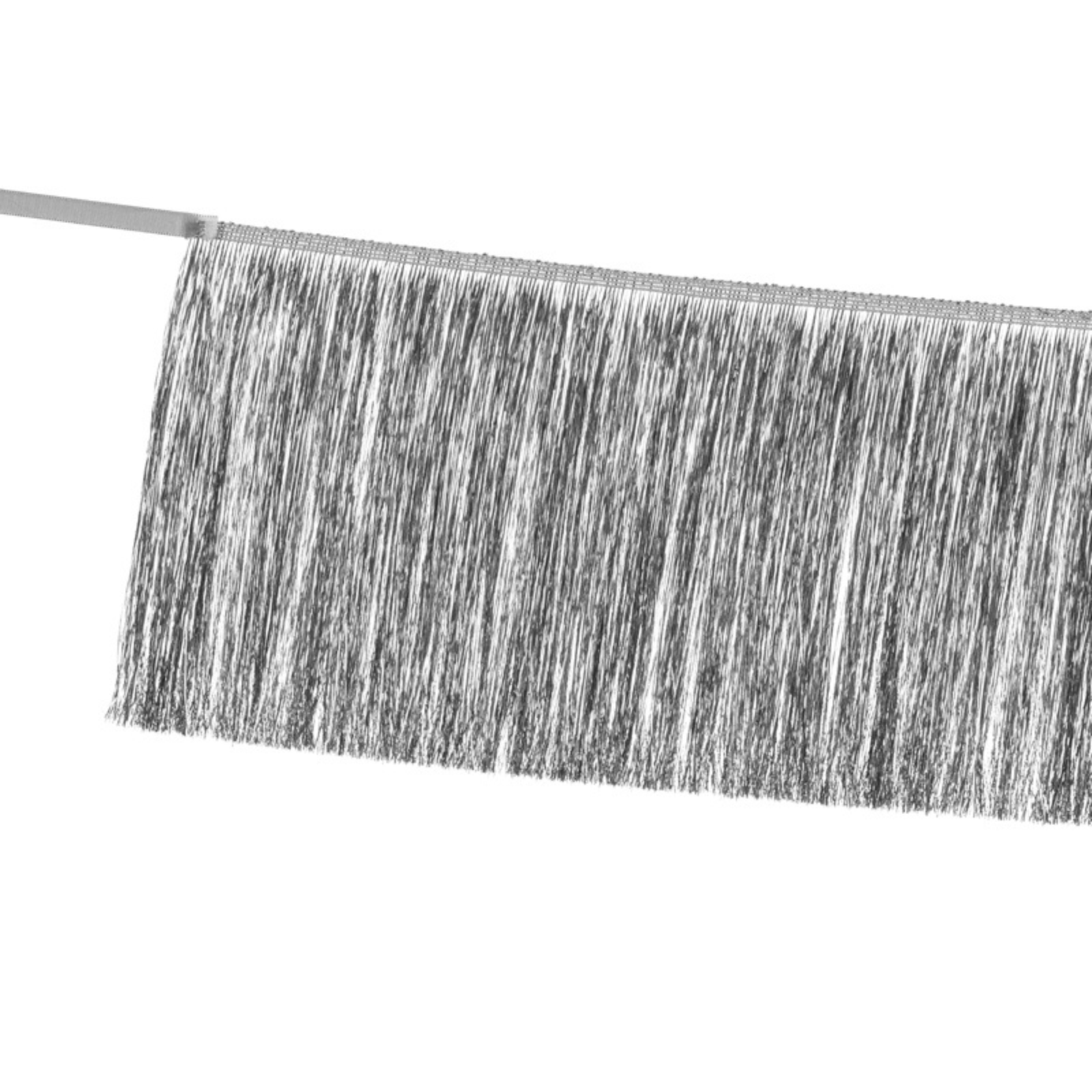 A metallic silver fringe garland, great for adding sparkle and glam to any party backdrop or table.