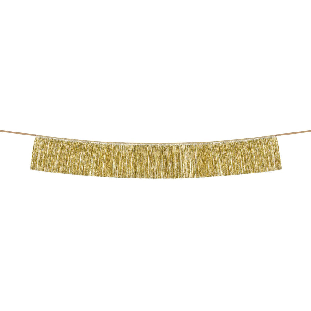 A shimmering gold fringe garland, ideal for adding sparkle and glam to any party theme.