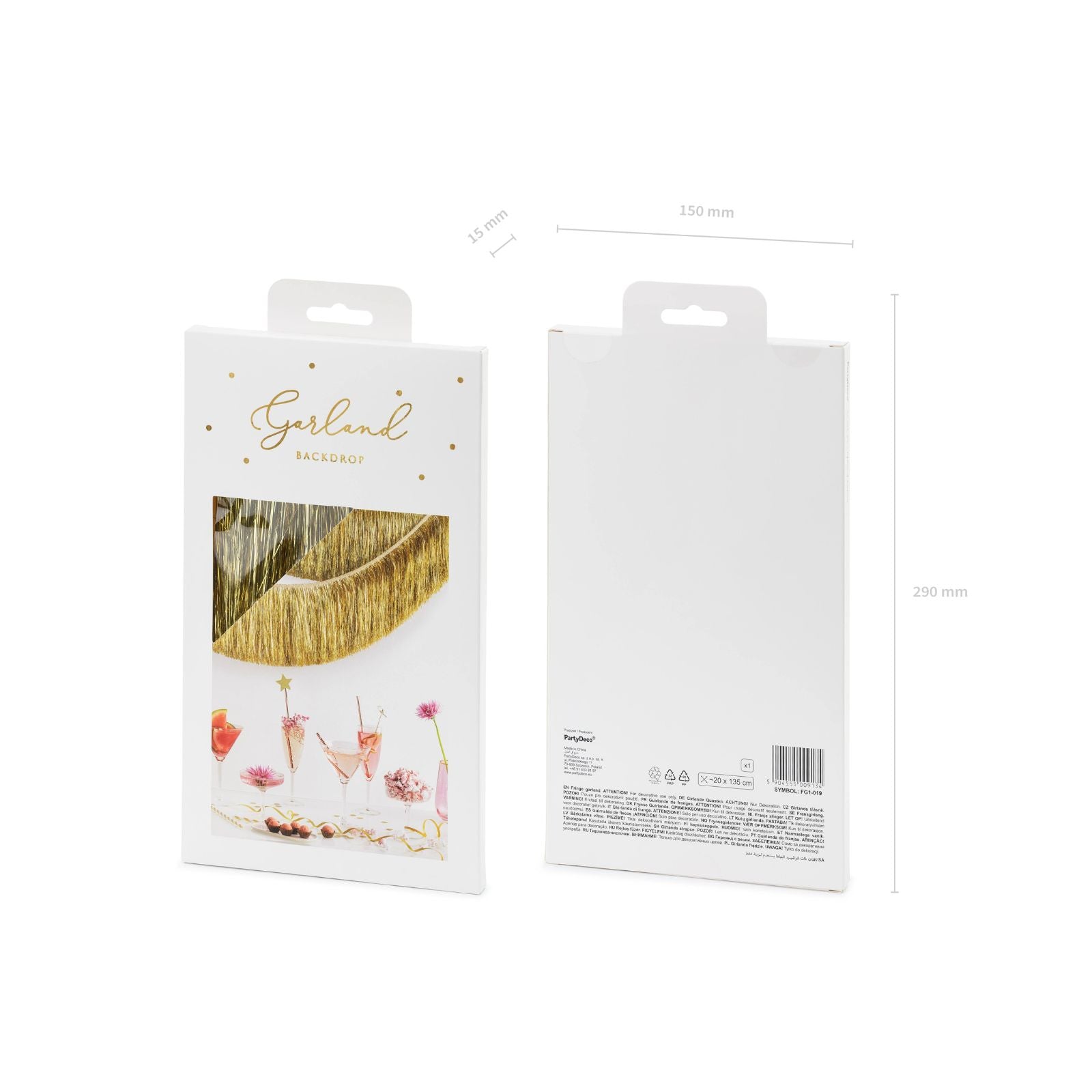 Gold fringe garland close-up showing texture and sparkle for party decor packaging