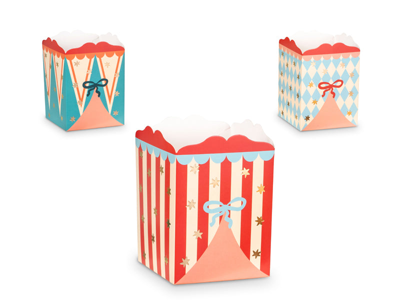  A set of 6 circus-themed snack boxes, perfect for serving small party treats or party favors.
