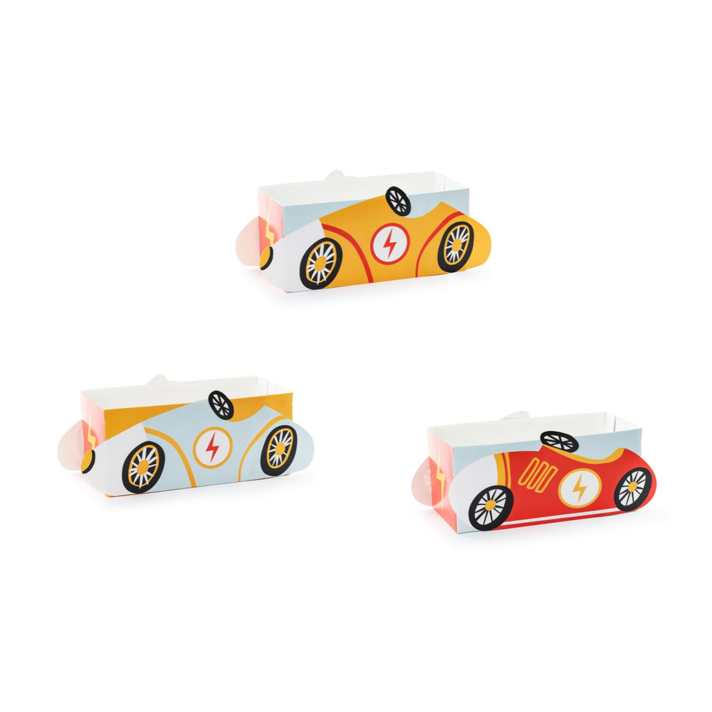 A pack of 3 treat boxes in racecar theme, great for serving popcorn, snacks, or takeaway goodies.

