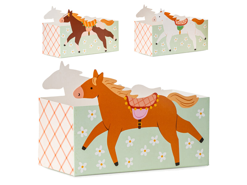 Set of three decorative boxes with horse illustrations on a white background
