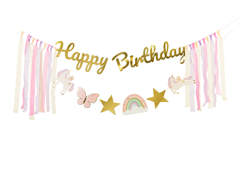 A pastel “Happy Birthday” banner adorned with stars and fairytale elements.