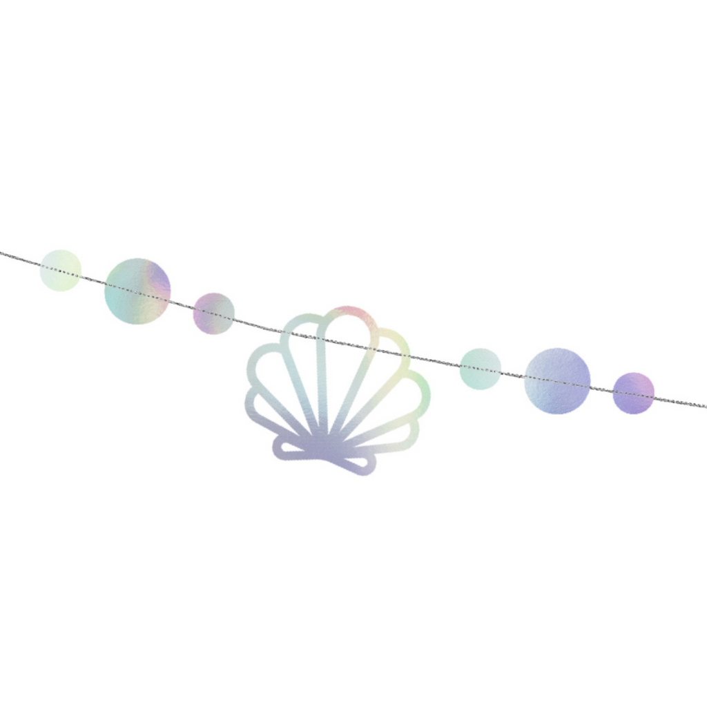 A banner made of scallop-shaped shells in pastel tones, perfect for ocean or mermaid party decor.