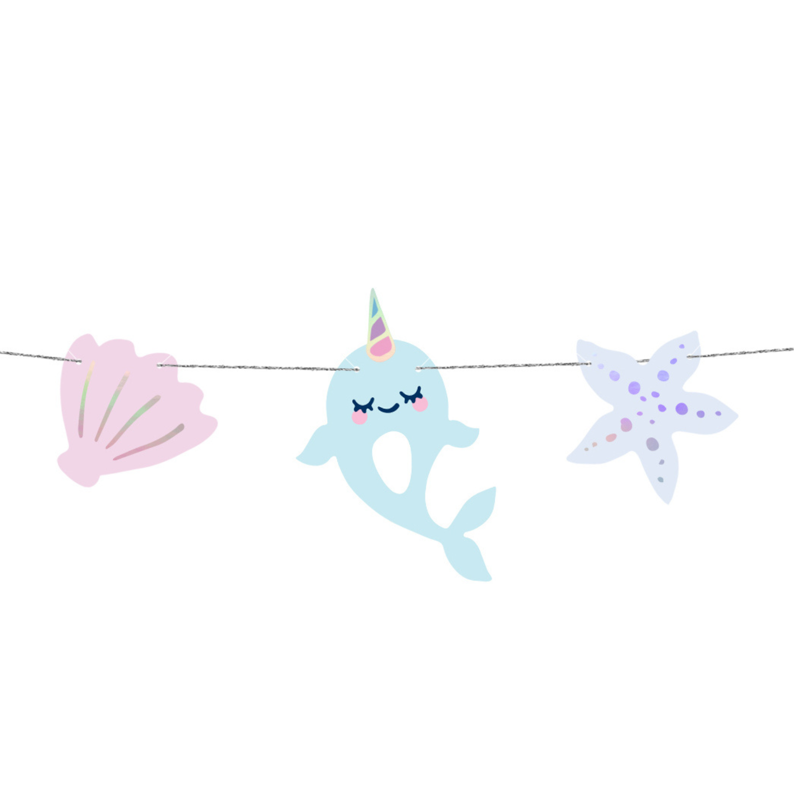 A hanging banner featuring cheerful narwhals and underwater elements, ideal for a whimsical sea-themed celebration.