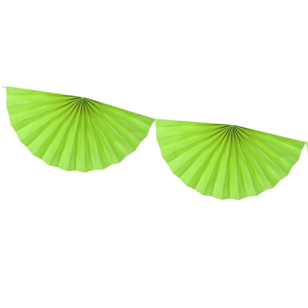 Green tissue paper rosette garland detail showing fan-shaped decorations
