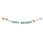 A "Happy Birthday" banner featuring dinosaur designs, perfect for a dinosaur-themed birthday party.