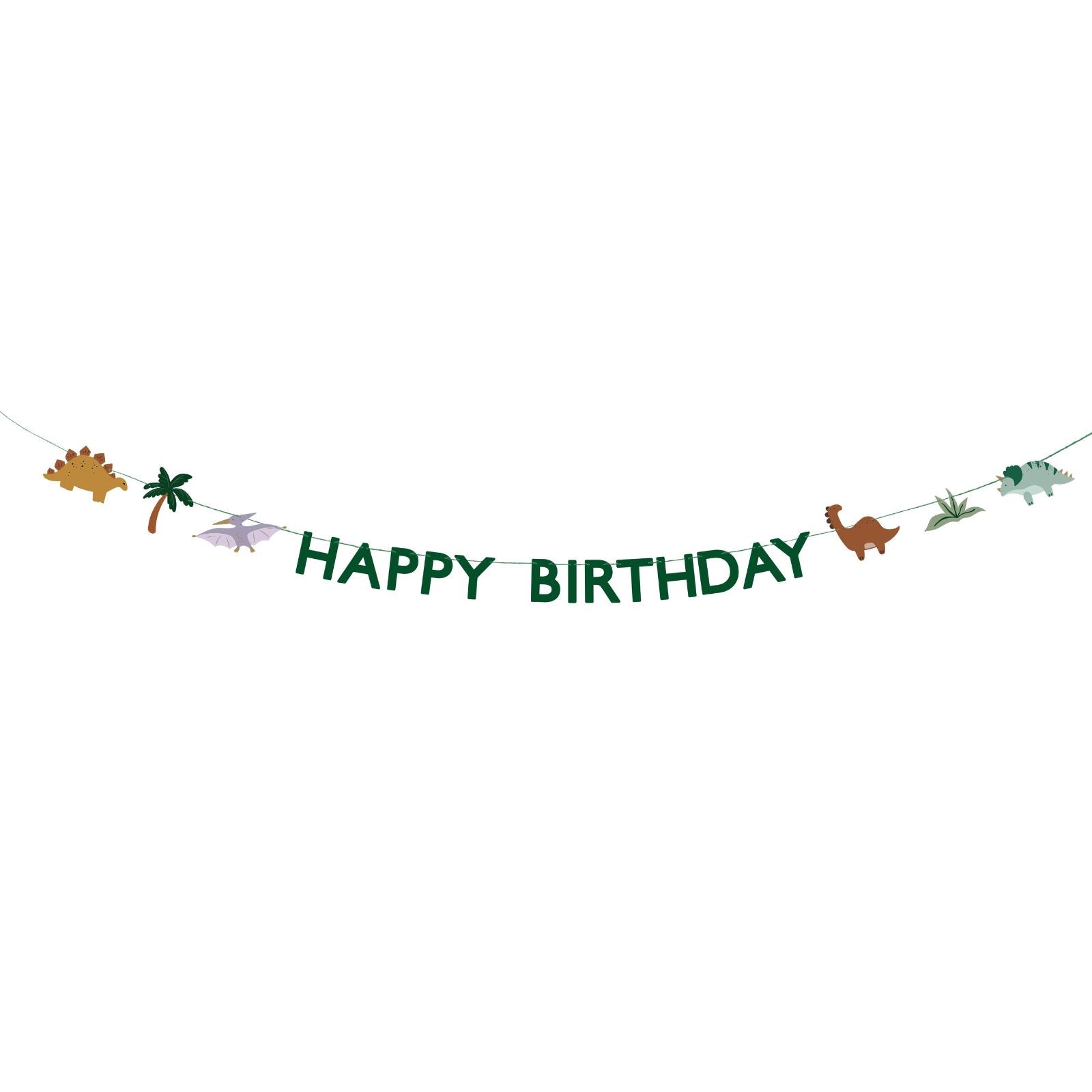 A "Happy Birthday" banner featuring dinosaur designs, perfect for a dinosaur-themed birthday party.
