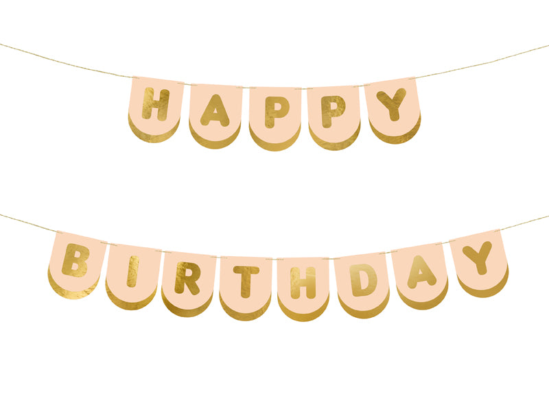 Pink Happy Birthday banner with gold letters 