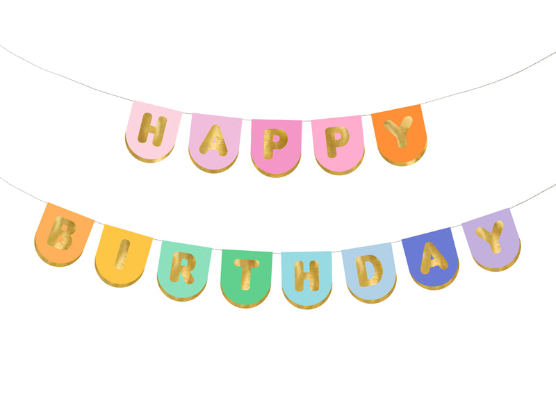 Colorful 'Happy Birthday' banner with gold letters on a white background