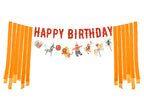A vibrant birthday banner featuring circus-themed designs like tents, animals, and balloons, perfect for any carnival-themed celebration.