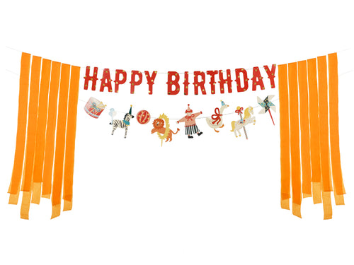 A vibrant birthday banner featuring circus-themed designs like tents, animals, and balloons, perfect for any carnival-themed celebration.