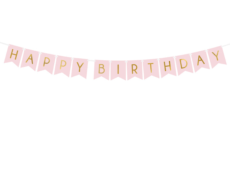 Pink 'Happy Birthday' banner on a white background