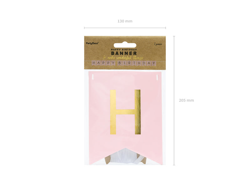 Light pink Happy Birthday banner packaging showing complete product