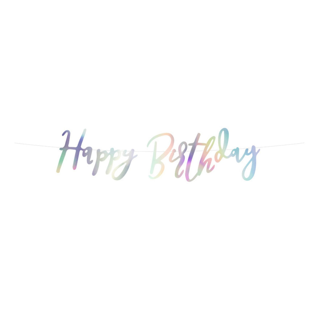 An iridescent "Happy Birthday" banner designed with ocean-inspired hues and shimmering accents.