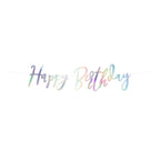 An iridescent "Happy Birthday" banner designed with ocean-inspired hues and shimmering accents.