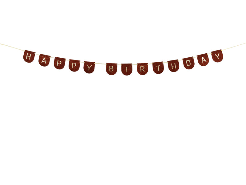 Brown felt Happy Birthday banner detail showing textured felt letters