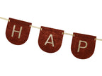 Brown felt Happy Birthday banner close-up showing letter detail and quality