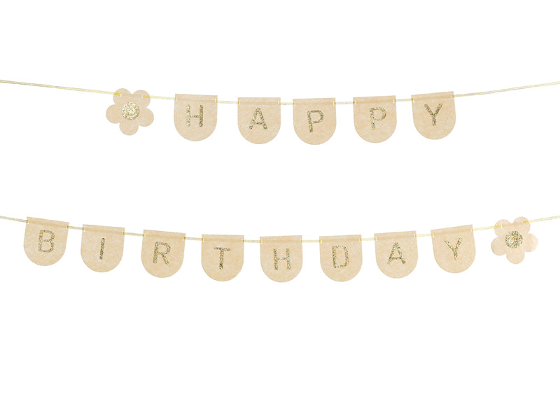 Pink Happy Birthday banner with decorative letters and daisys on a white background