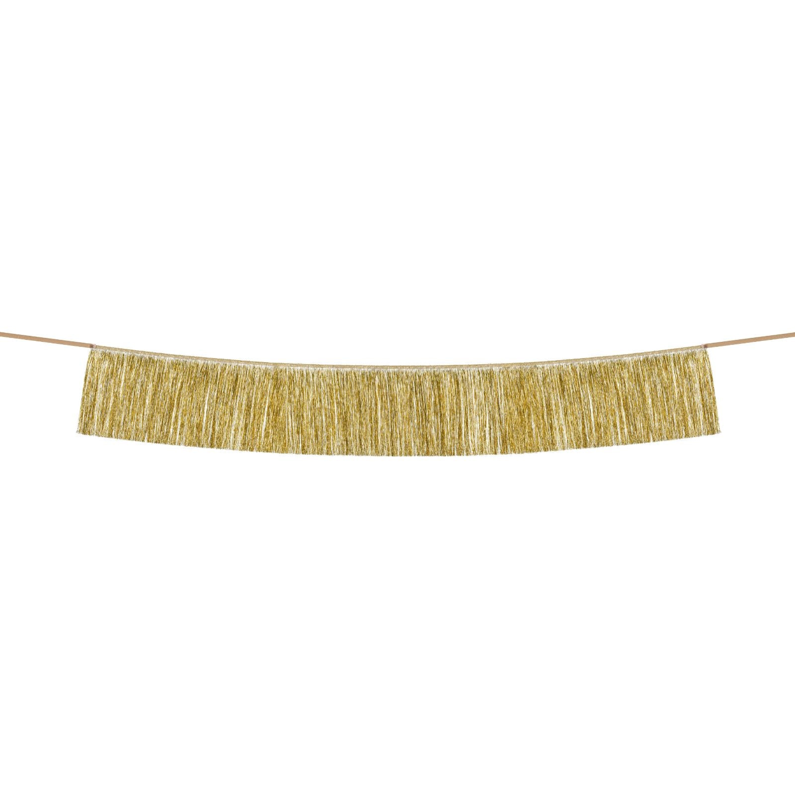 A shimmering gold fringe garland, ideal for adding sparkle and glam to any party theme.