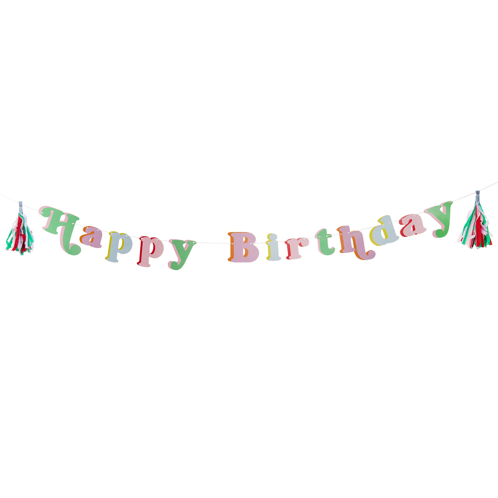 Colorful 'Happy Birthday' banner with tassels on a white background