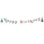 Colorful 'Happy Birthday' banner with tassels on a white background