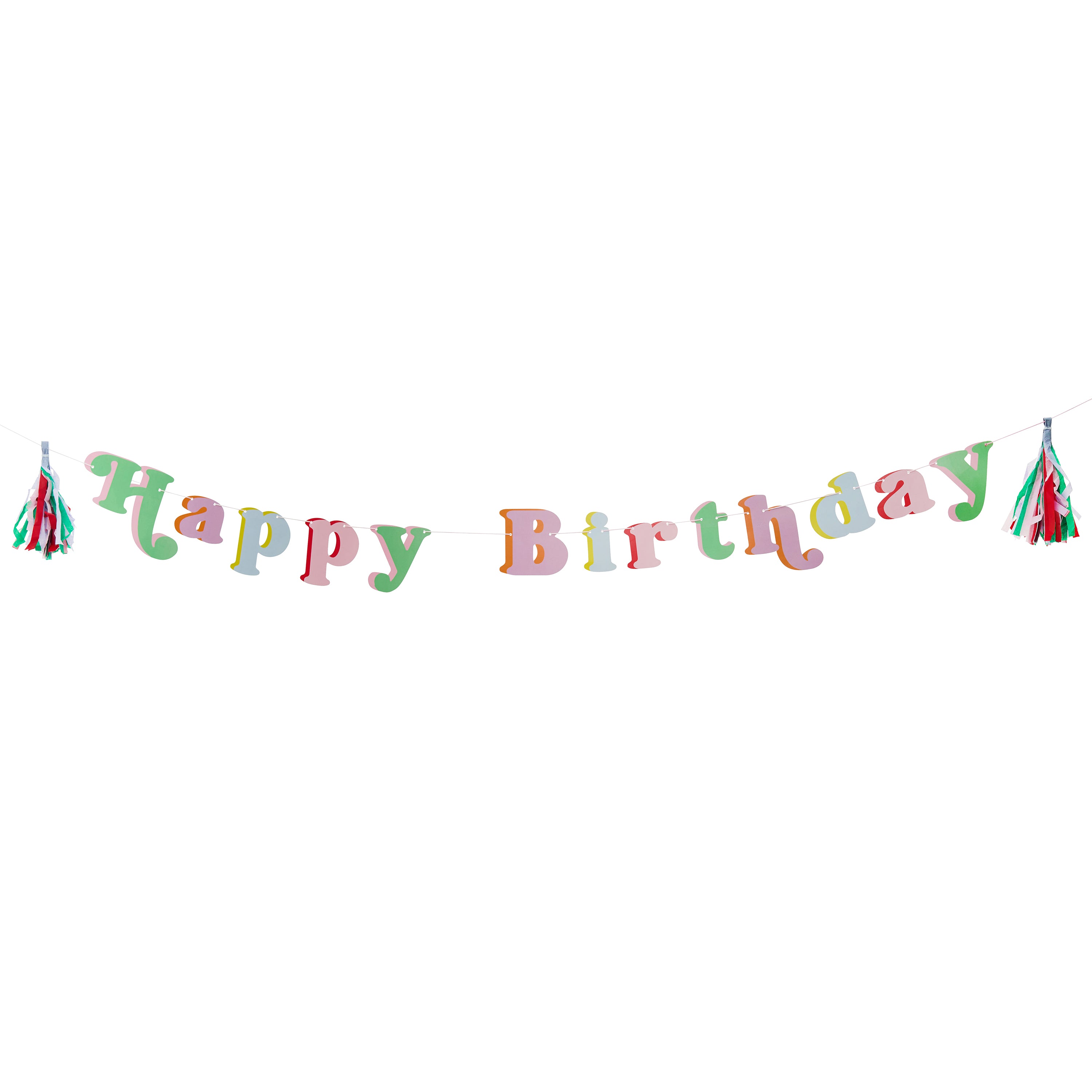 Colorful 'Happy Birthday' banner with tassels on a white background