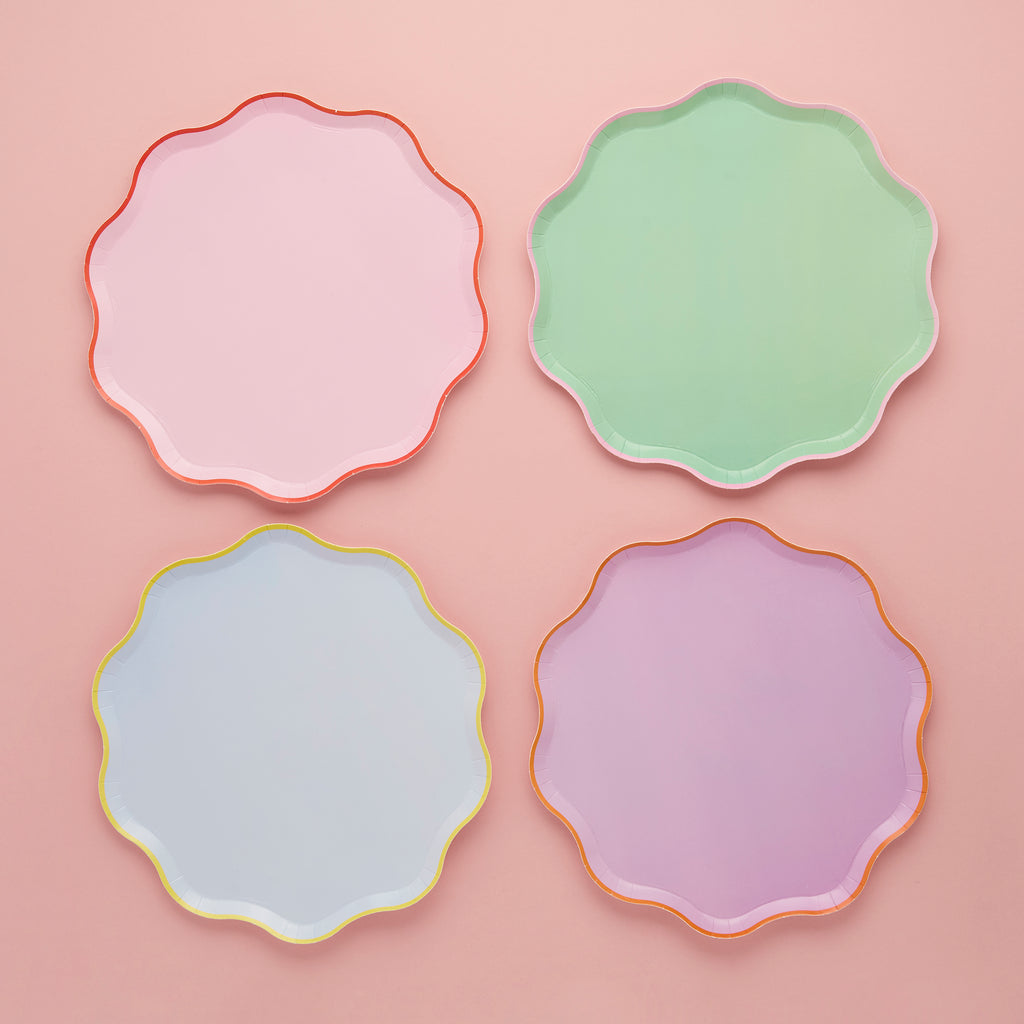 Colour Block Party plates detail showing colorful scalloped edge design