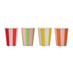 Four colorful striped paper cups on a white background