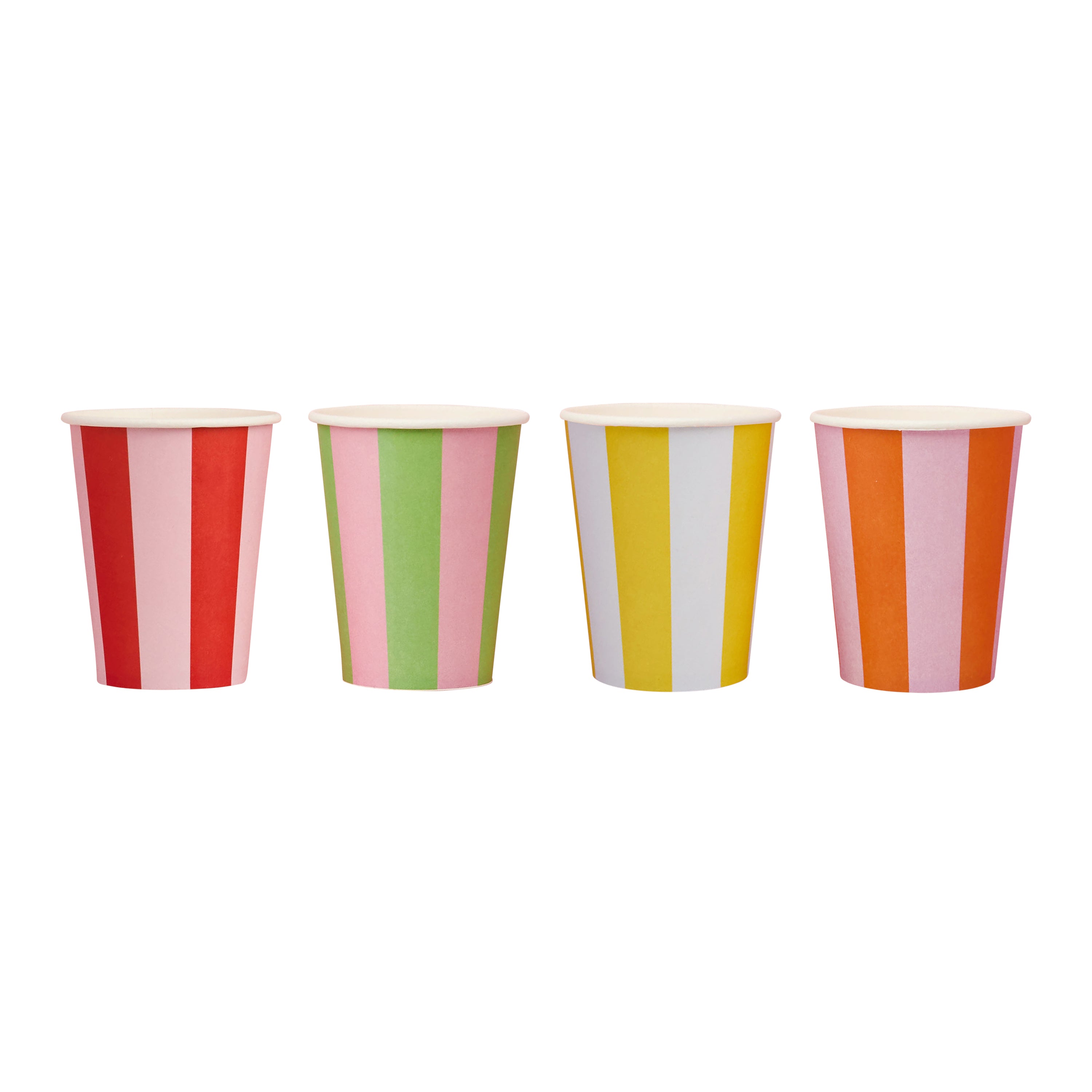 Four colorful striped paper cups on a white background