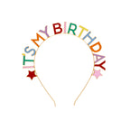 It's my birthday inscripted head band for birthday,  Multicoloured on a white background