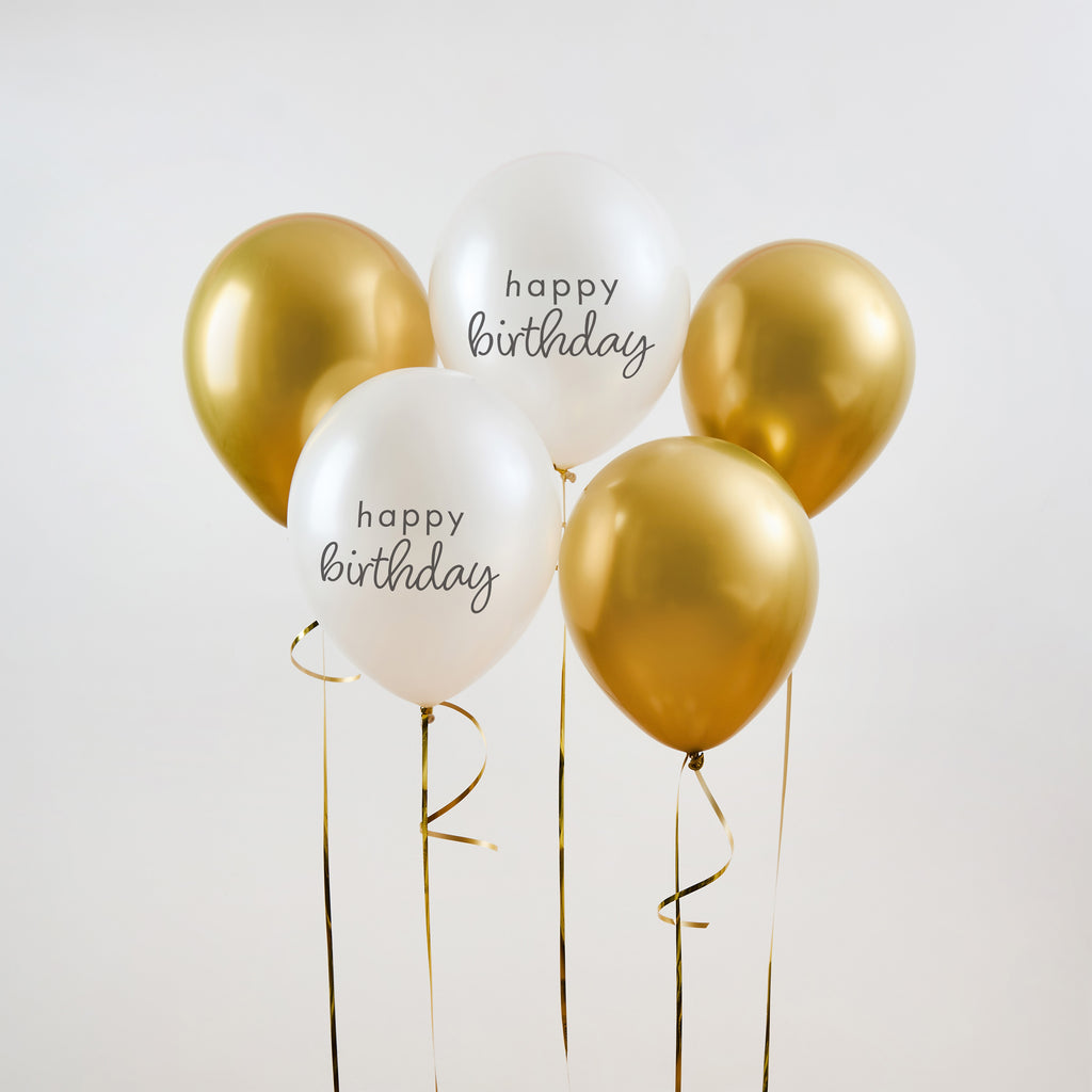 Gold & Pearl Birthday 12" Latex Balloons (1pkt/5pcs) - Party Lane 