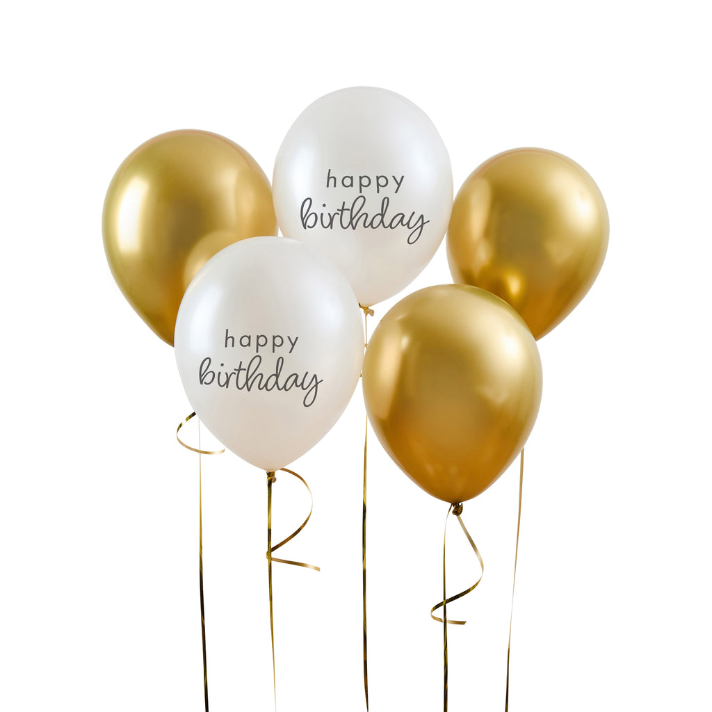 Gold & Pearl Birthday 12" Latex Balloons (1pkt/5pcs) - Party Lane 