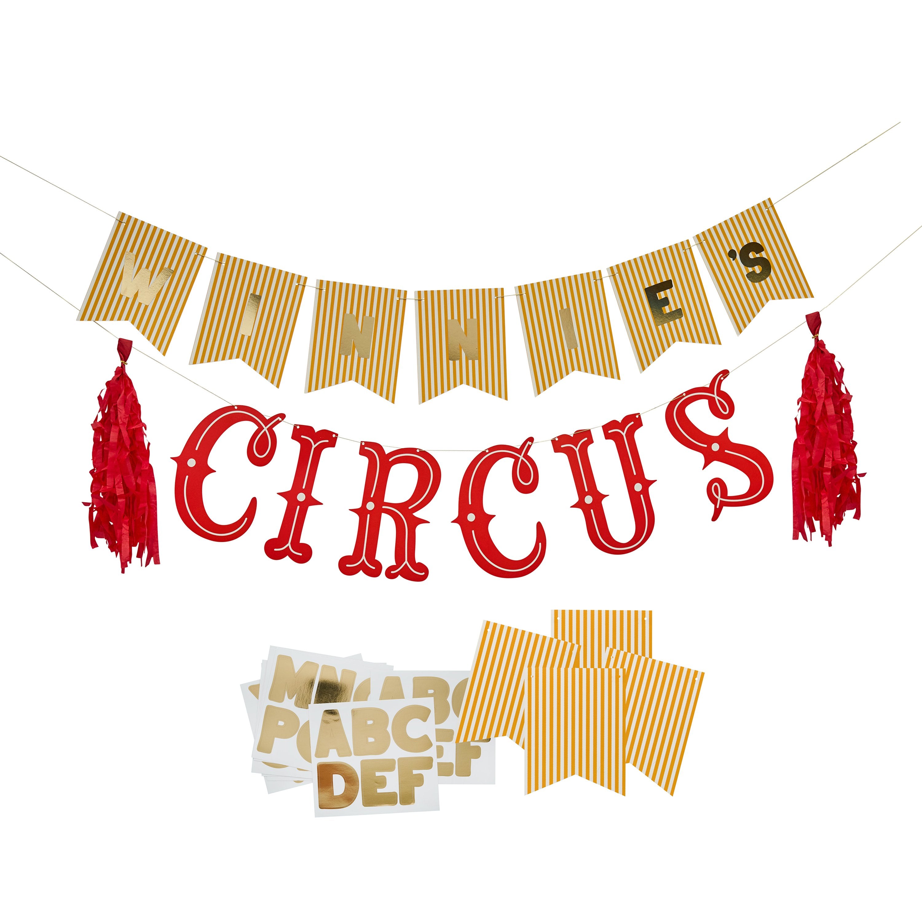 A set of two customizable garlands, featuring circus motifs like tents and clowns.