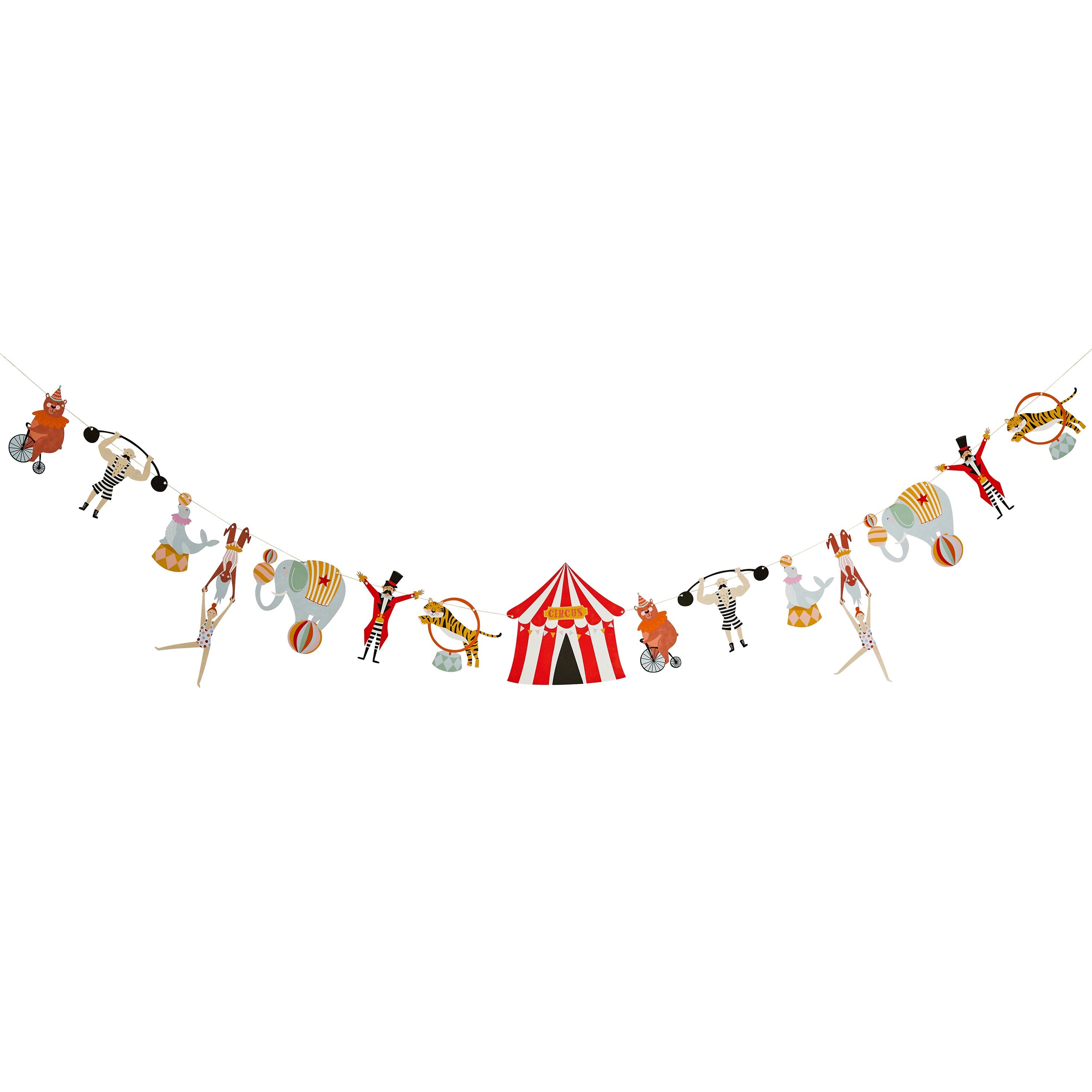 A single garland with a bold, colorful design featuring circus tents, balloons, and more.