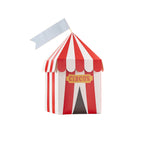 A pack of 4 party favor boxes that can be customized, featuring circus-inspired designs.
