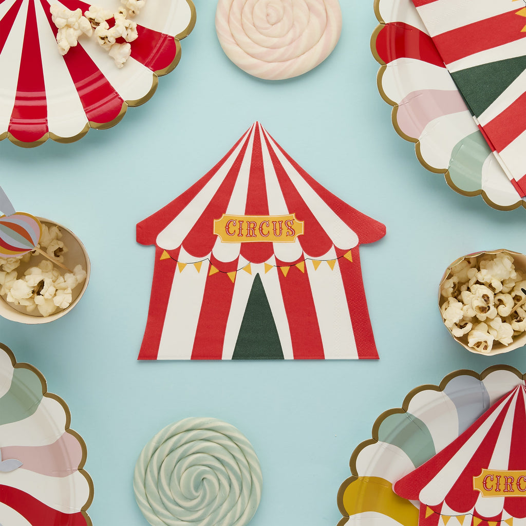 Circus Tent napkins styled at a colorful circus-themed party table set up