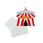  A customizable cake topper featuring a circus tent design, perfect for topping a themed birthday cake.
